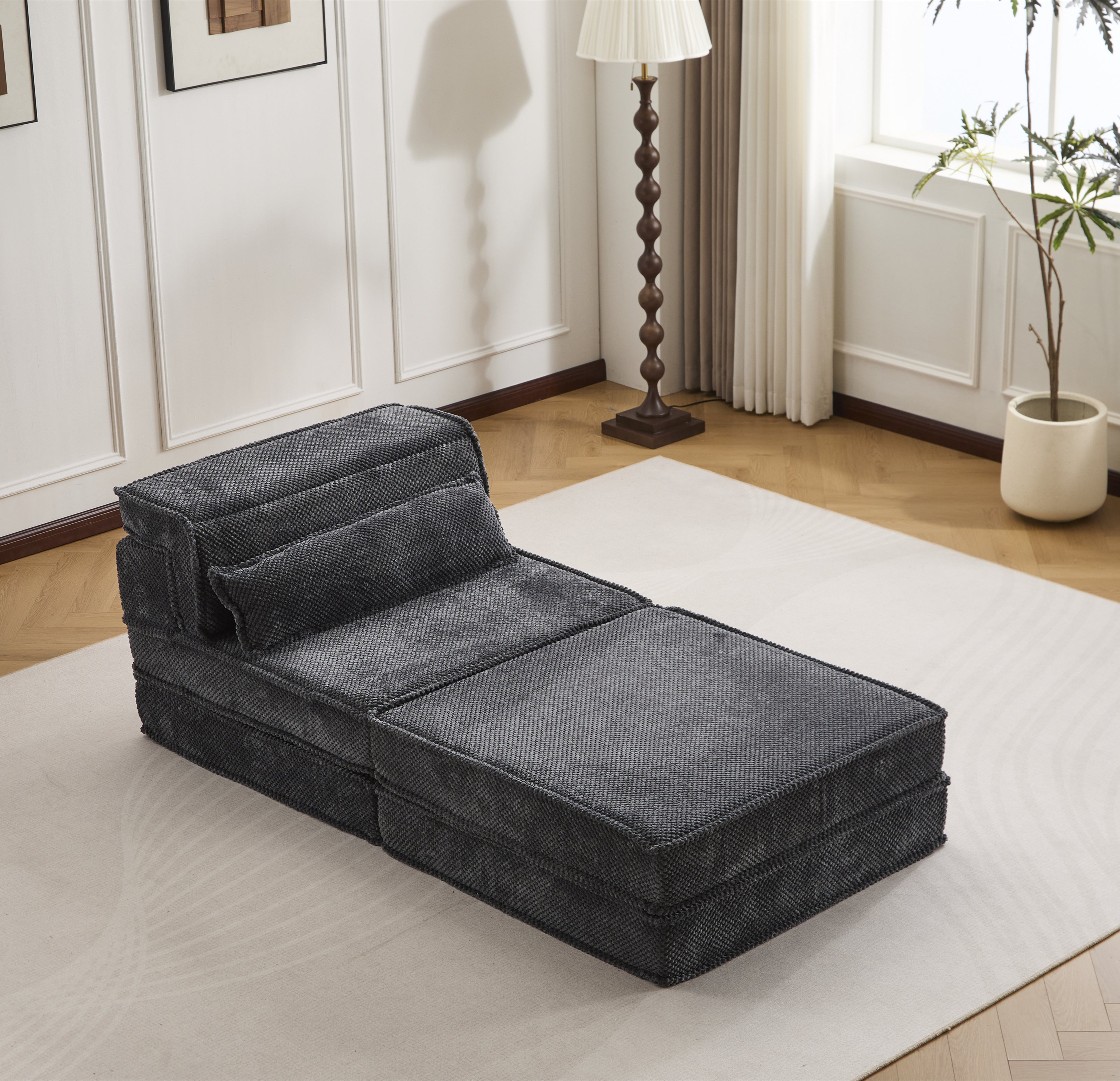 Kompressions-Mahjong-Sofa, Umwandelbares Boden-Sofabett, DIY Knochenloses Modulares Sektionalsofa, Keine Montage Erforderlich, Kreisförmiger Fleece-Stoff, Überdimensionierter Einzel-Sitzer mit 1 Kissen und 1 Hocker, Dunkelgrau
