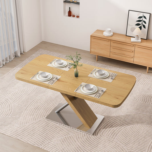 47,25 -63 Esstisch, Original Holzfarbe, Platz für 4-6 Personen, ausziehbarer Tisch, Kreuzförmiges Metallgestell und Edelstahlrohr natürlich