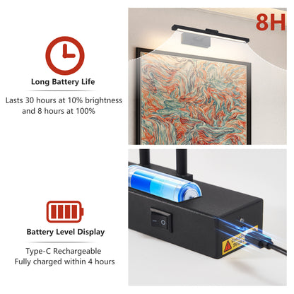 Bildbeleuchtung batteriebetrieben mit Fernbedienung, LED-Schwarz-Kunstlichter für Gemälde, wiederaufladbar, dimmbar und mit Timer, 16-Zoll-Wandleuchte für Kunstgemäldegalerie, verstellbarer Schwingarm für Ausstellungen