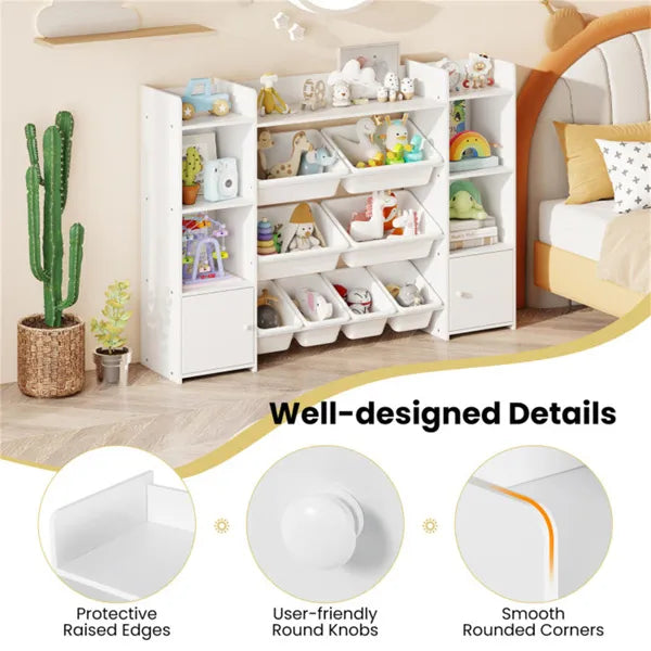 Weißes multifunktionales Kinderregal - Spielzeugorganizer + Bücherregal, 142 cm x 30 cm x 99 cm, Umkippsicherung, Tragfähigkeit 120 kg