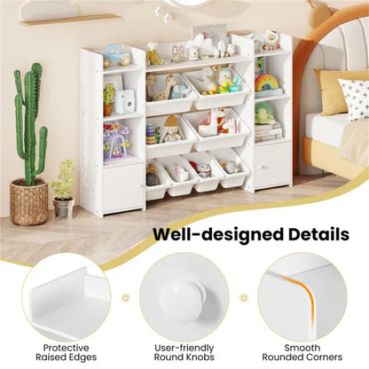Weißes multifunktionales Kinderregal - Spielzeugorganizer + Bücherregal, 142 cm x 30 cm x 99 cm, Umkippsicherung, Tragfähigkeit 120 kg