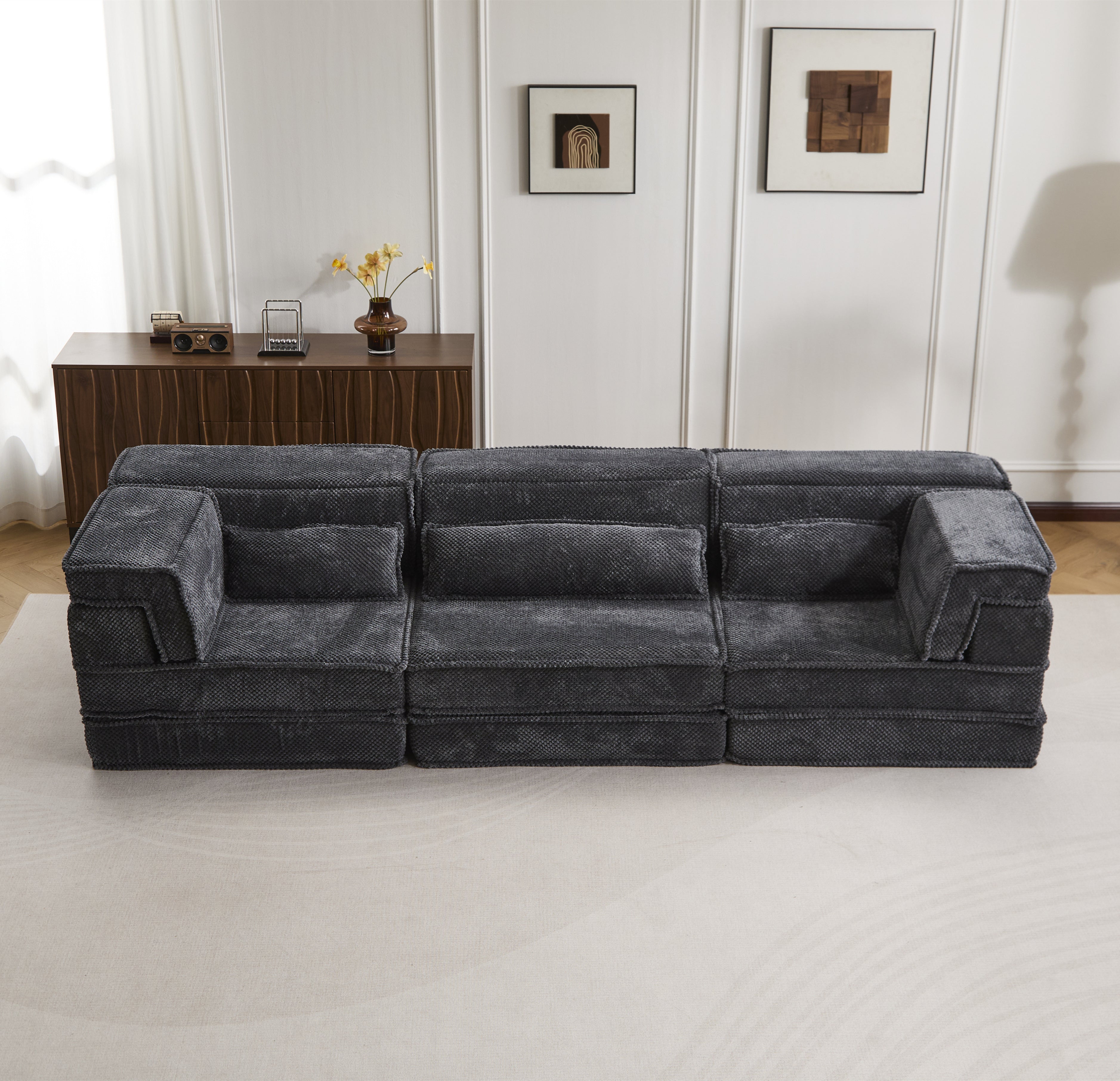 Kompressions-Mahjong-Sofa, umklappbares Boden-Sofabett, DIY knochenloses modulares Sektionssofa, keine Montage erforderlich, runder Fleece-Stoff, überdimensioniertes 3-Sitzer-Sofa mit 3 Kissen, Dunkelgrau