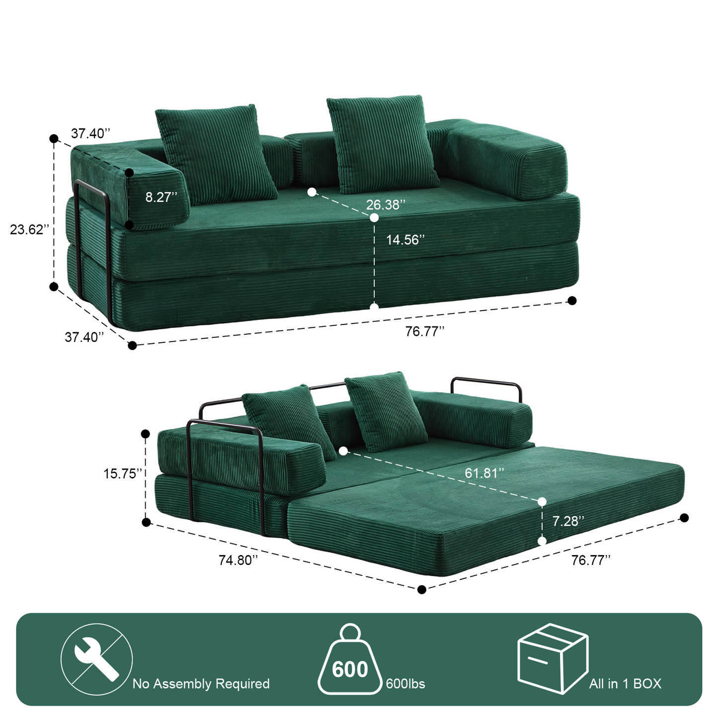 Boden-Couch, Kompressions-Sofa, Umwandelbares Boden-Sofa-Bett – mit Kissen-Rückenstütze und Armlehne, Bequeme Futon-Couch-Liege-Schlafsofa, Corduroy-Stoff, für Wohnzimmer und Schlafzimmer, Dunkelgrün