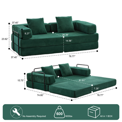 Boden-Couch, Kompressions-Sofa, Umwandelbares Boden-Sofa-Bett – mit Kissen-Rückenstütze und Armlehne, Bequeme Futon-Couch-Liege-Schlafsofa, Corduroy-Stoff, für Wohnzimmer und Schlafzimmer, Dunkelgrün