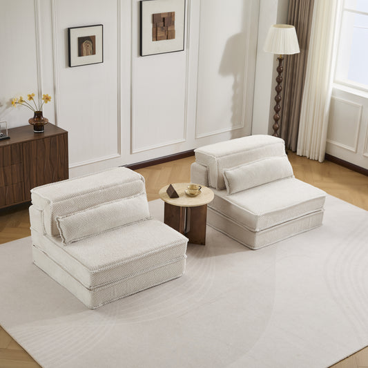 Kompressions-Mahjong-Sofa, umklappbares Boden-Sofabett, DIY knochenloses modulares Sektionssofa, keine Montage erforderlich, Kreis-Fleece-Stoff, überdimensioniertes 2-Sitzer-Sofa mit 2 Kissen, Weiß