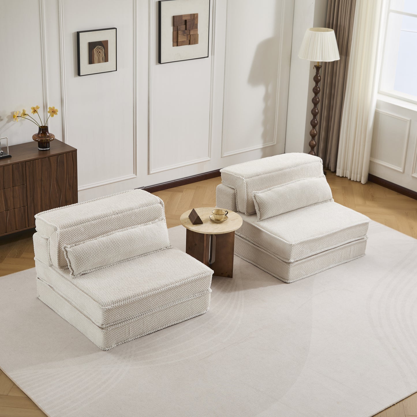 Kompressions-Mahjong-Sofa, umklappbares Boden-Sofabett, DIY knochenloses modulares Sektionssofa, keine Montage erforderlich, Kreis-Fleece-Stoff, überdimensioniertes 2-Sitzer-Sofa mit 2 Kissen, Weiß