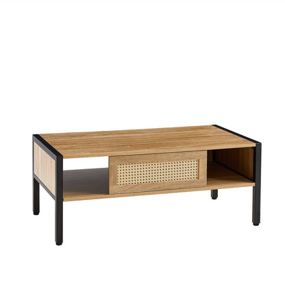 Rattan Coffee Table Metal Legs Modern Table Sliding Door For Storage