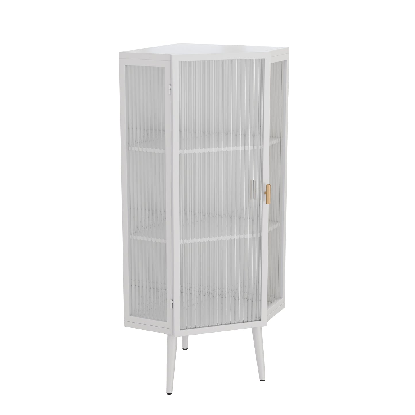 22,25'' Eckschrank für den Boden, drei Ebenen mit gehärteten Glastüren und Stauraumregalen für Badezimmer, Wohnzimmer und Schlafzimmer, weiß