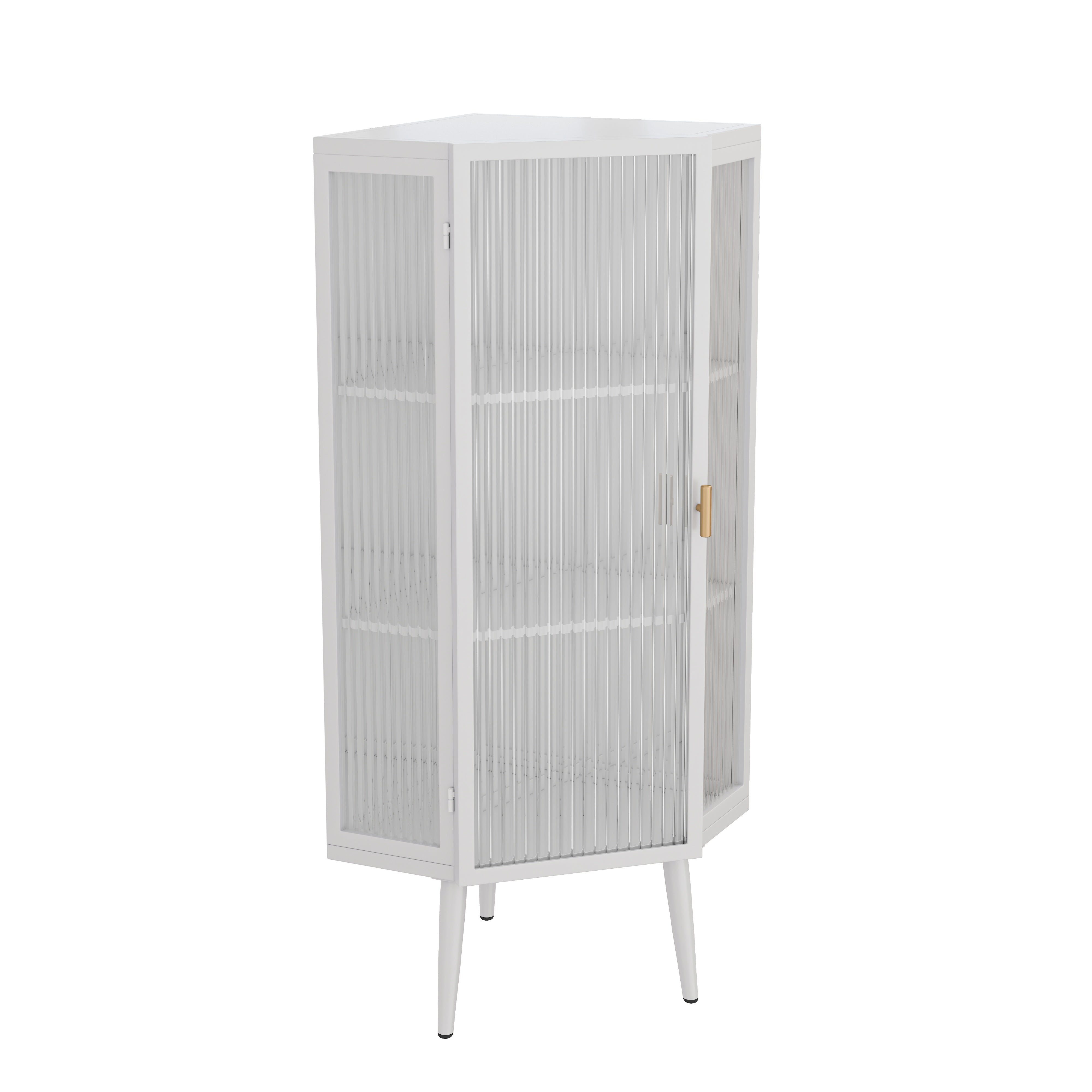 22,25'' Eckschrank für den Boden, drei Ebenen mit gehärteten Glastüren und Stauraumregalen für Badezimmer, Wohnzimmer und Schlafzimmer, weiß