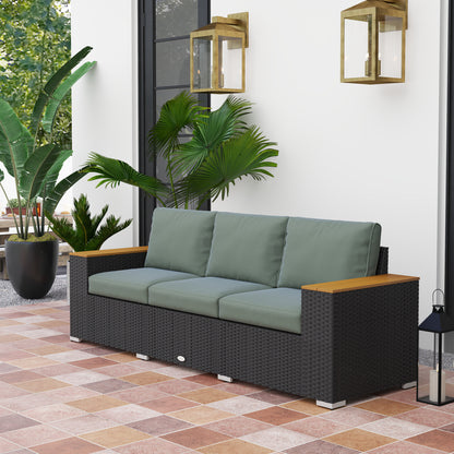3-Sitziges Outdoor-Patio-Sofa mit Kissen, PE-Rattan-Geflecht-Sofa mit breiten Armlehnen, Outdoor-Geflecht-Couch, Dunkelgrau