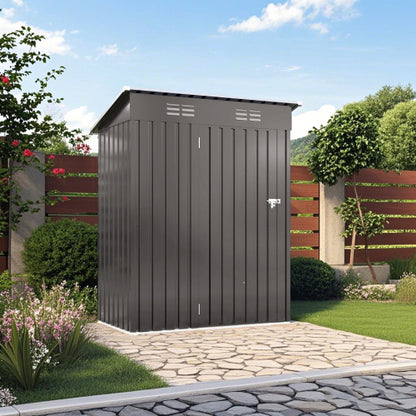 5X3 FT Metallischer Außenlager-Schrank, Werkzeugschrank mit Satteldach und abschließbarer Tür – Kompakter Metall-Werkzeugschrank für Garten, Hinterhof, Terrasse, Alltagsgegenstände und Fahrrad-Lagerung, Grau