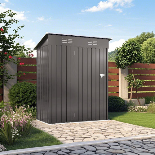 5X3 FT Metallischer Außenlager-Schrank, Werkzeugschrank mit Satteldach und abschließbarer Tür – Kompakter Metall-Werkzeugschrank für Garten, Hinterhof, Terrasse, Alltagsgegenstände und Fahrrad-Lagerung, Grau