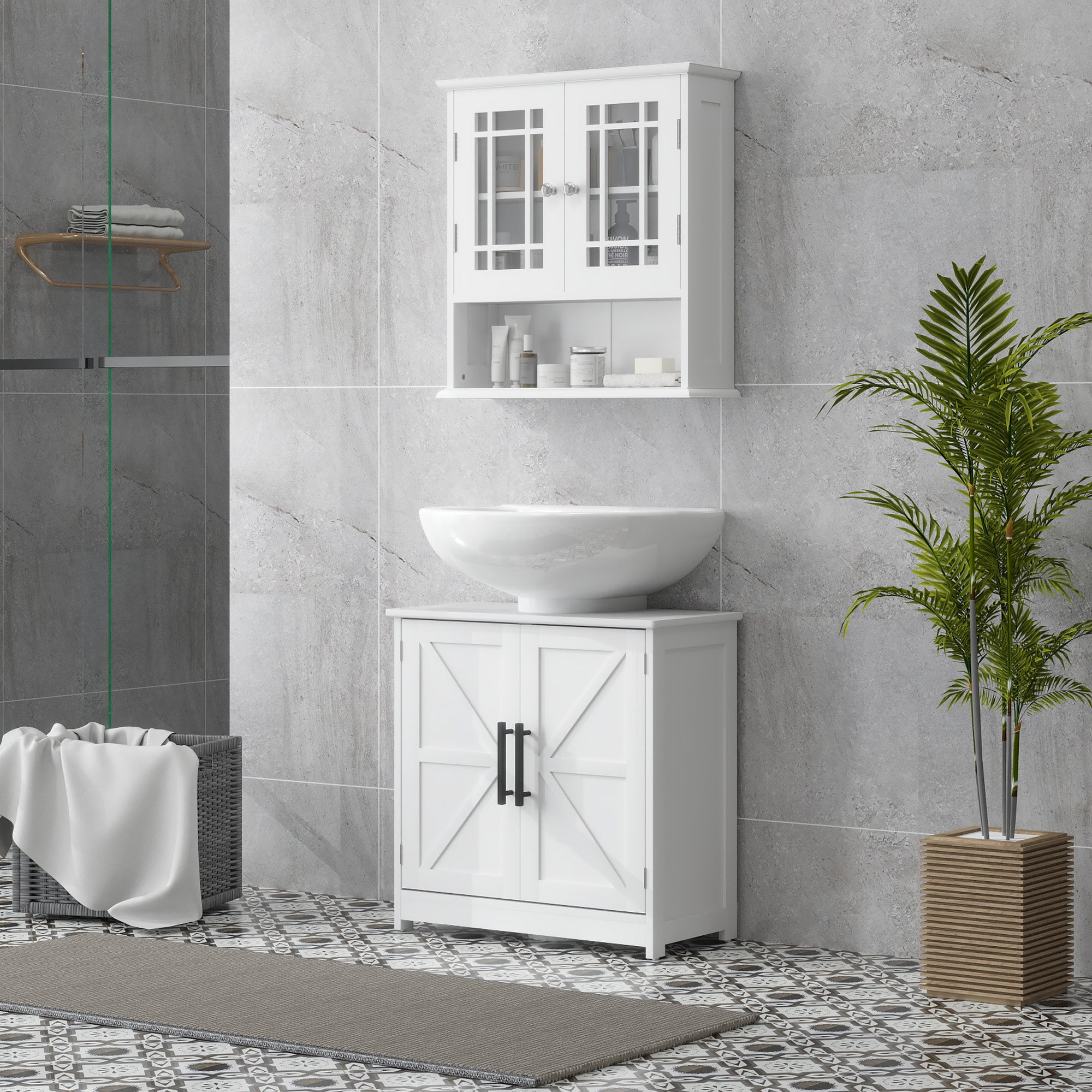 Bauernhaus-Piedestal-Waschbecken-Schrank, Badezimmer-Waschbecken-Schrank mit 2 Scheunentüren und einstellbarem Regal, Weiß