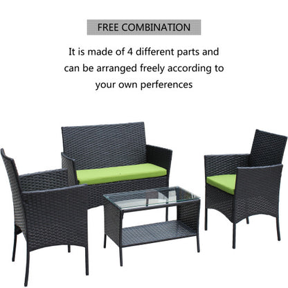 4er-PC-Rattan-Patio-Möbel-Set für den Außenbereich mit gepolsterten Sitzen Korbsofa mit grünem Polster