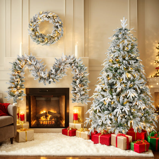 Weihnachtlicher Schnee-Besetzter Kranz mit Weihnachtsschneegirlande und Schneetannenbaum, 3er-Pack schneebedeckter Weihnachtsdekoration mit warmem LED-Licht, 2,74 m besetzter Girlande, besetzter Kranz, 1,83 m besetzter Baum