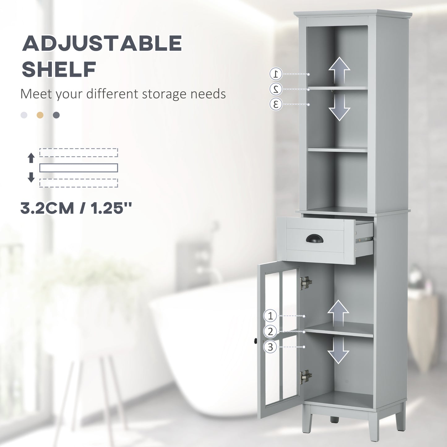 Schlanker Badezimmerschrank mit Tür und Regalen als Turm