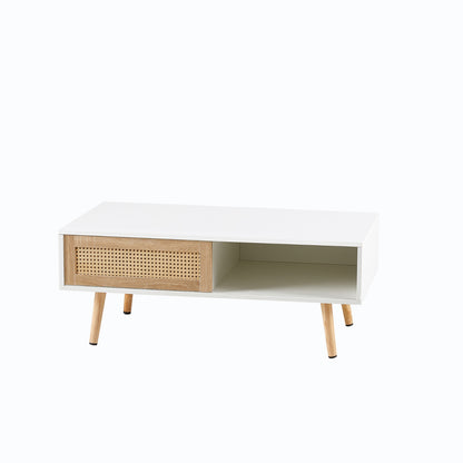 Rattan Couchtisch mit Schiebetür und massiven Holzbeinen - Modernes Wohnzimmer