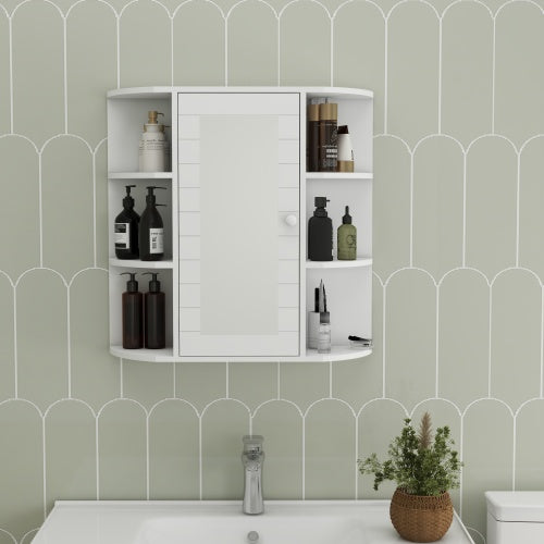 Wandmontierter Badezimmerschrank mit Spiegeltür, 6 offene Regale, 3 verstellbare Badezimmerschäume für Wohnzimmer, Waschraum, Schlafzimmer - Weiß