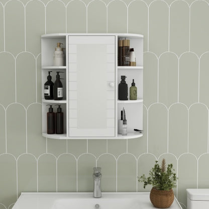 Wandmontierter Badezimmerschrank mit Spiegeltür, 6 offene Regale, 3 verstellbare Badezimmerschäume für Wohnzimmer, Waschraum, Schlafzimmer - Weiß