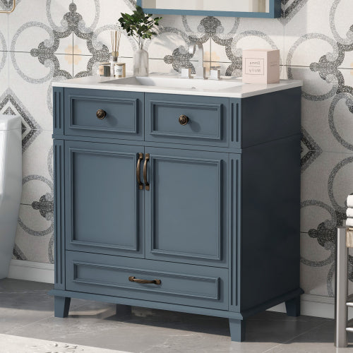 30'' Badezimmer-Waschständer mit Keramikwaschbecken, Badezimmer-Aufbewahrungsschrank mit Massivholzrahmen und weich schließenden Türen, Retro-Stil, Blau