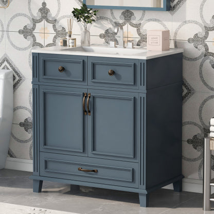 30'' Badezimmer-Waschständer mit Keramikwaschbecken, Badezimmer-Aufbewahrungsschrank mit Massivholzrahmen und weich schließenden Türen, Retro-Stil, Blau