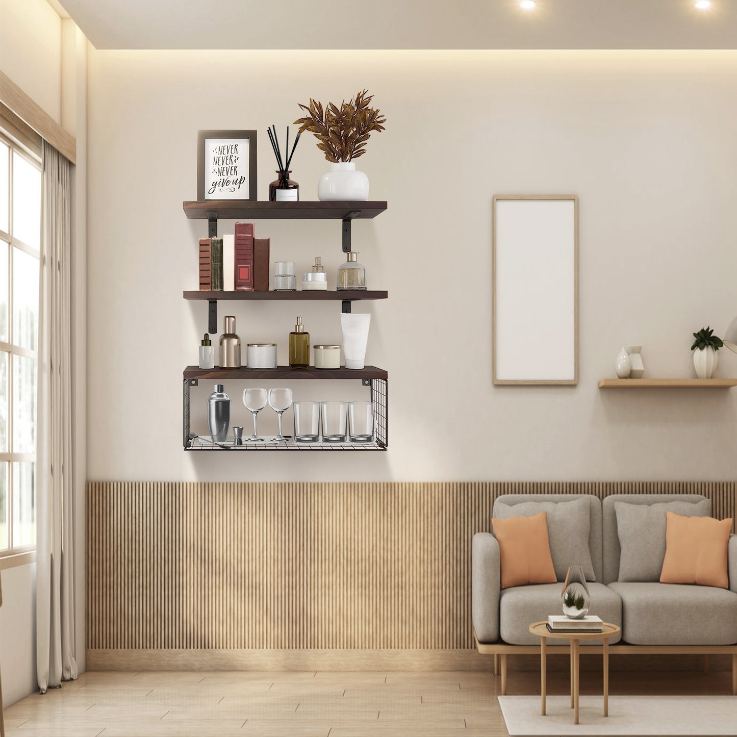 2 in 1 Wandregale mit Aufhängung und Stauraumbasket Badezimmerregale über der Toilette Holzregale für Schlafzimmer Wohnzimmer Küche Büro Wanddekoration Pflanzen
