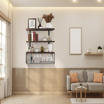 2 in 1 Wandregale mit Aufhängung und Stauraumbasket Badezimmerregale über der Toilette Holzregale für Schlafzimmer Wohnzimmer Küche Büro Wanddekoration Pflanzen