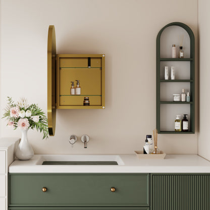 20x34 Zoll Ovales Einbaumedizinschränkchen, Metallgerahmter Badezimmerwand-Schrank mit Spiegel und einstellbaren Regalen, Wandspiegel mit Stauraum für das Badezimmer, Mattgold