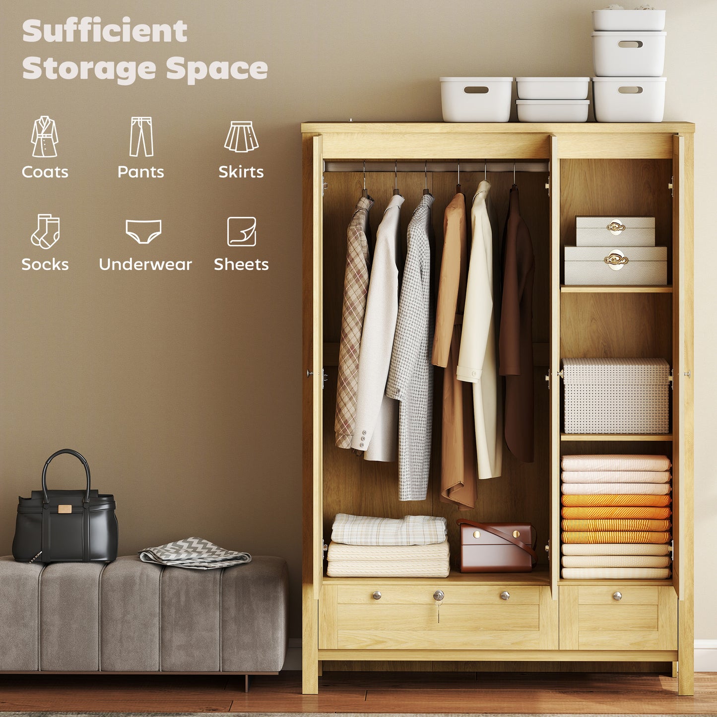 3 Doors Wardrobe Closet with 2 Drawers