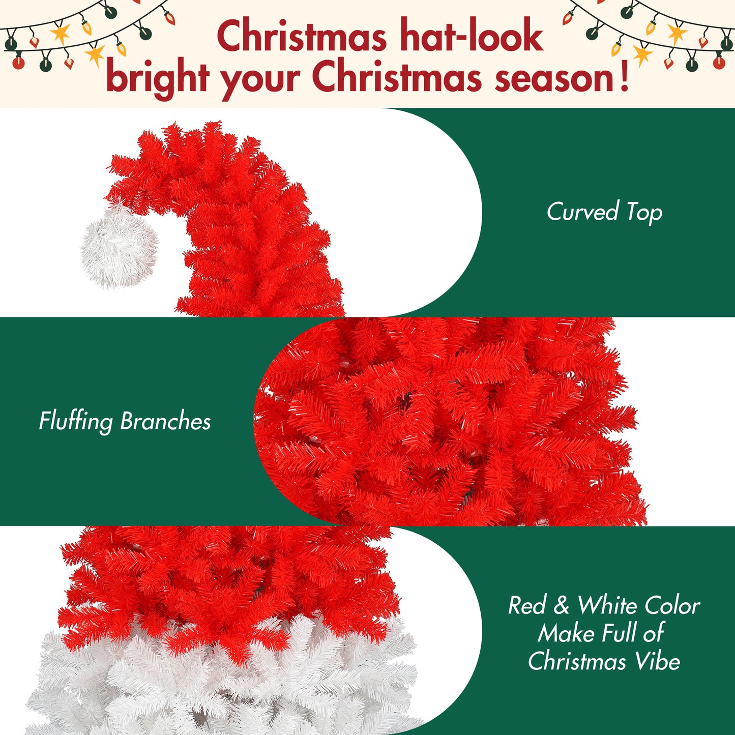 6FT Artificial Christmas Tree With LED Light, Santa's Hat Shape Artificial Whimsical Xmas Tree With 1050 Tip, Curved Xmax Tree