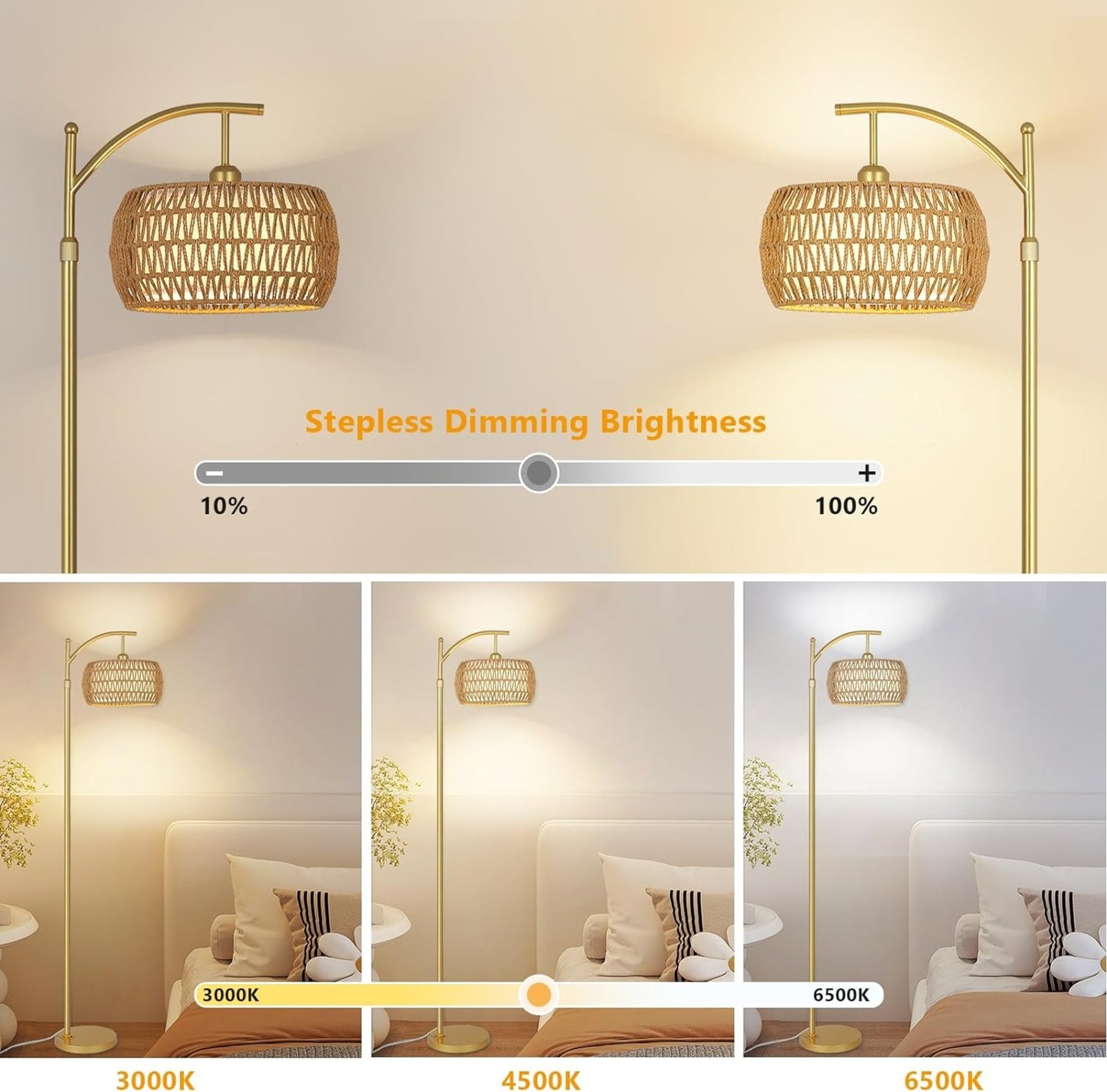 Stehleuchte mit 3 Farbtemperaturen, LED-Gold-Stehleuchte mit Fernbedienung & stufenlos dimmbare Birne,