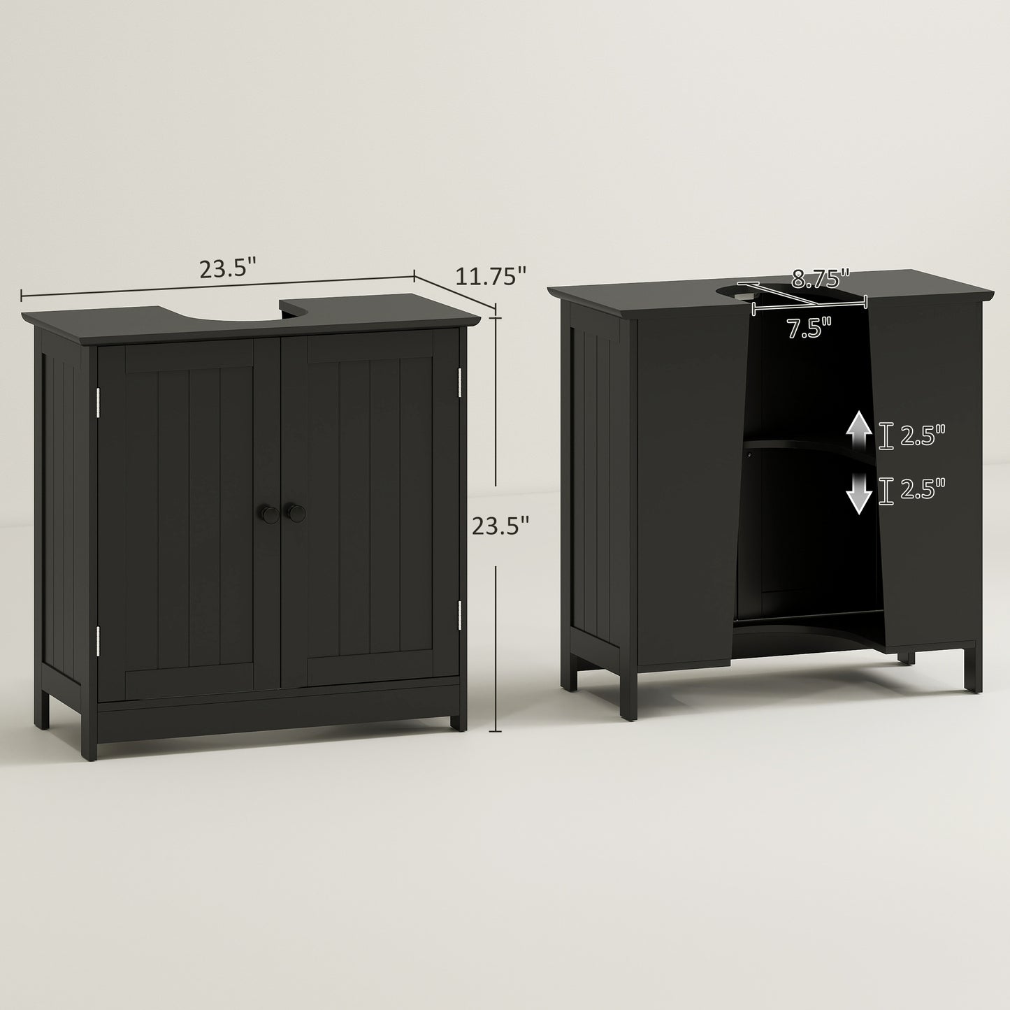 Unterwaschbecken-Badregal, Sockel-Waschbecken-Schrank mit 2 Türen, Regal und U-Form, Schwarz