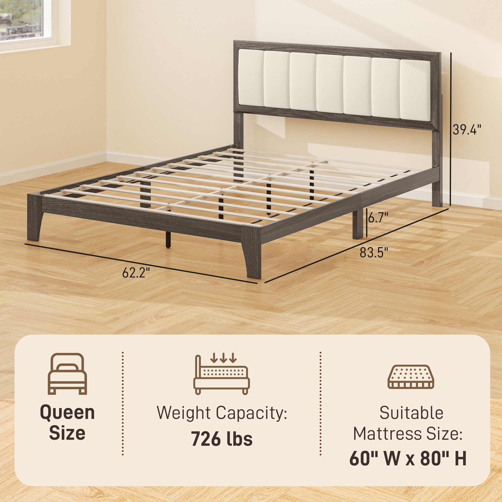 Bettgestell Queen-Size mit Kopfteil, Plattform-Bettgestell mit Holzlatten, kein Boxspring nötig, Anthrazitgrau