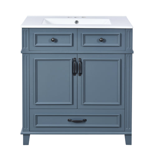 30'' Badezimmer-Waschständer mit Keramikwaschbecken, Badezimmer-Aufbewahrungsschrank mit Massivholzrahmen und weich schließenden Türen, Retro-Stil, Blau