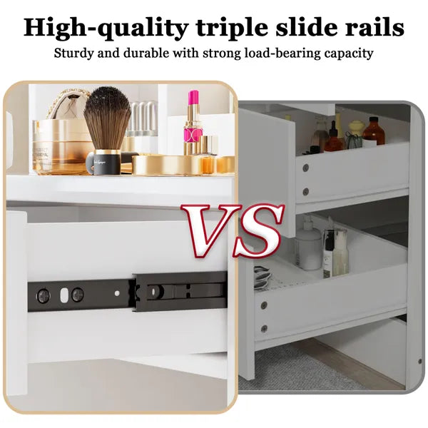 Make-up-Tisch mit Spiegel und Lichtern, weißer Schminktisch mit Stromanschluss und 3 Beleuchtungsmodi, Ankleidetisch-Set mit Schrank, Schubladen, Regalen und Stauraum-Hocker für das Schlafzimmer