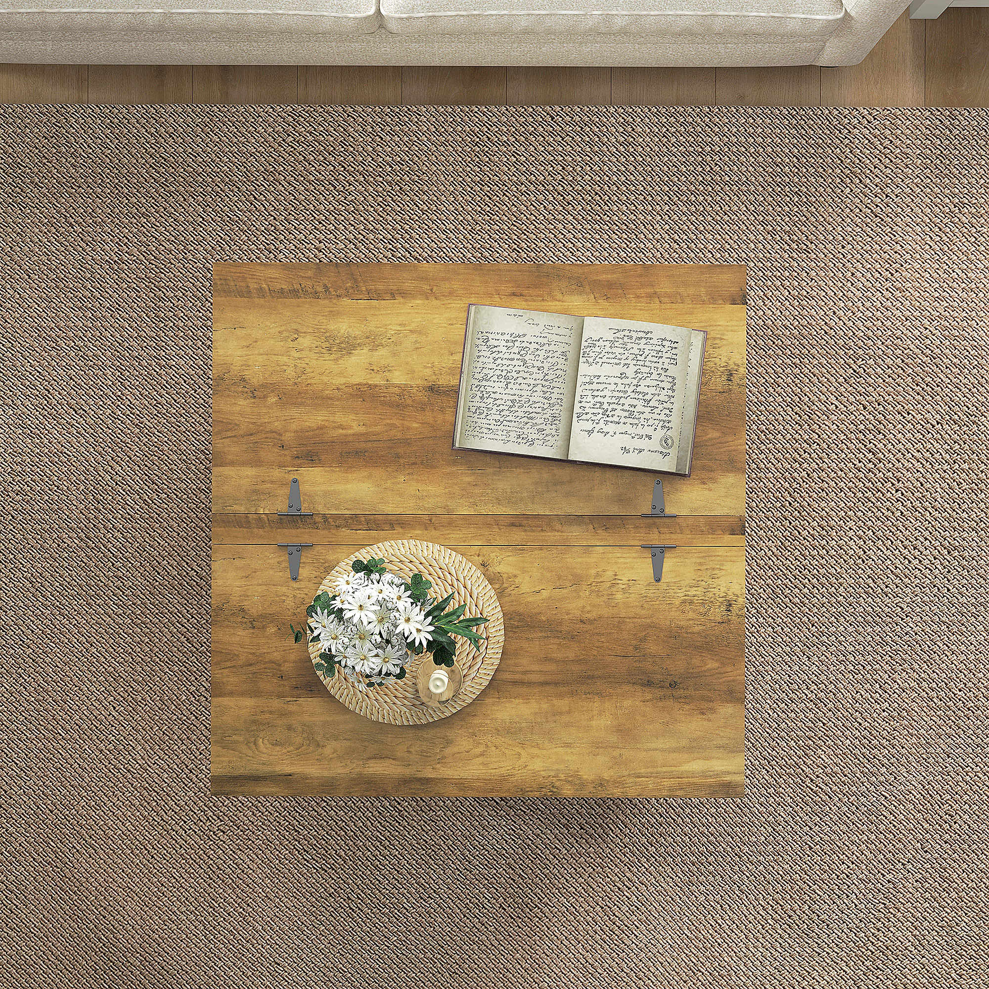 Rustic Wood Storage Table Oak Flip-Top Lids