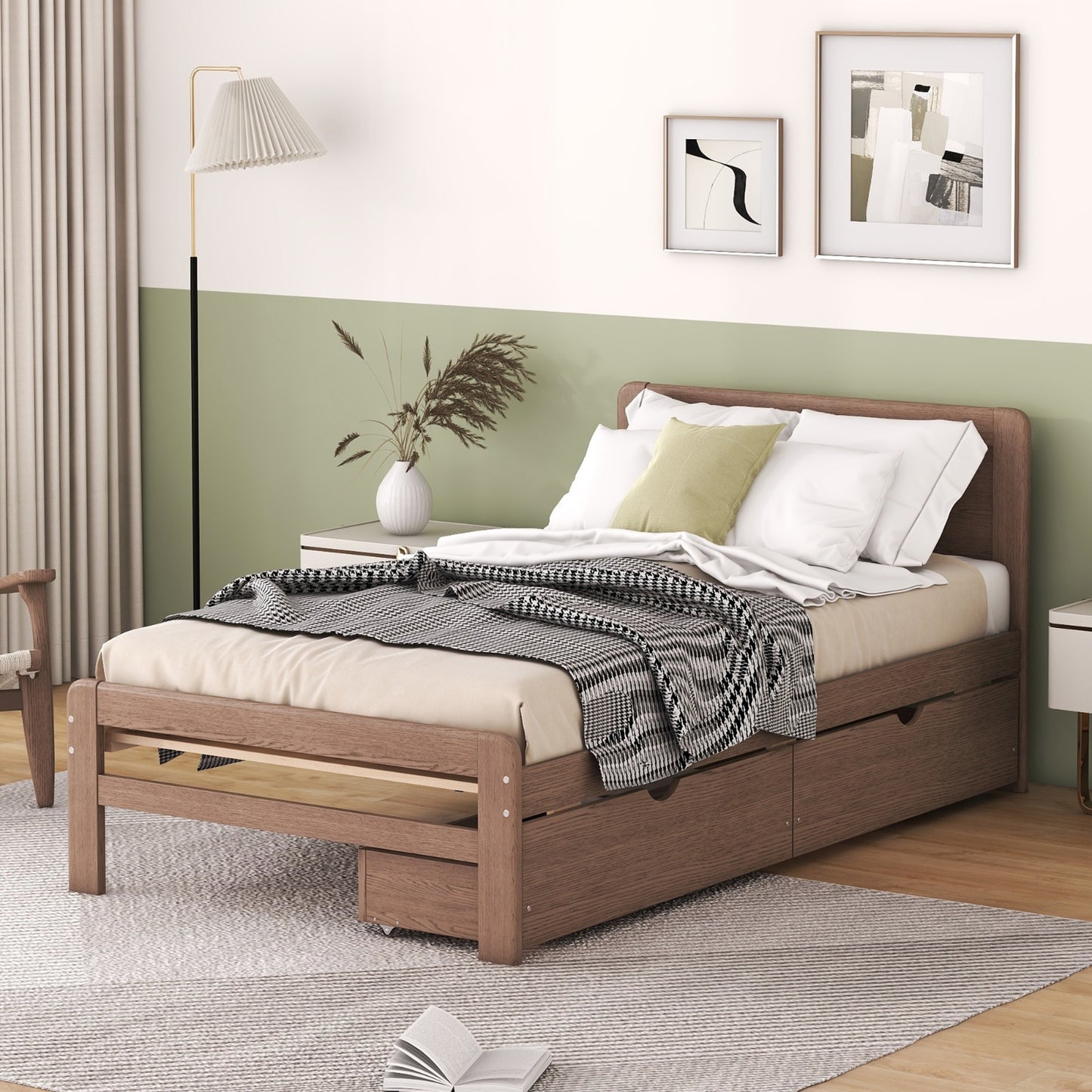 Moderner Design Doppelbettgestell in Plattformstil mit 2 Schubladen für Walnussfarbe
