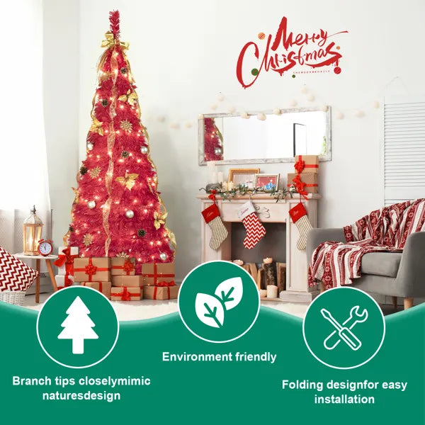 6FT Roter Aufstell-Weihnachtsbaum mit 150 warmweißen LED-Lichtern, Zubehör enthalten – 4 Bänder, Schleife, Blumen, Schneeflocken, Kiefernzapfen & Kugeln – Einfache Montage & platzsparende Weihnachtsdekoration