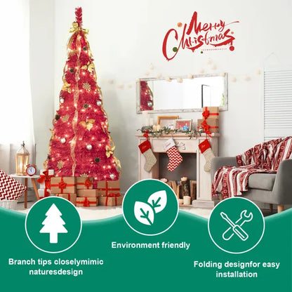 6FT Roter Aufstell-Weihnachtsbaum mit 150 warmweißen LED-Lichtern, Zubehör enthalten – 4 Bänder, Schleife, Blumen, Schneeflocken, Kiefernzapfen & Kugeln – Einfache Montage & platzsparende Weihnachtsdekoration