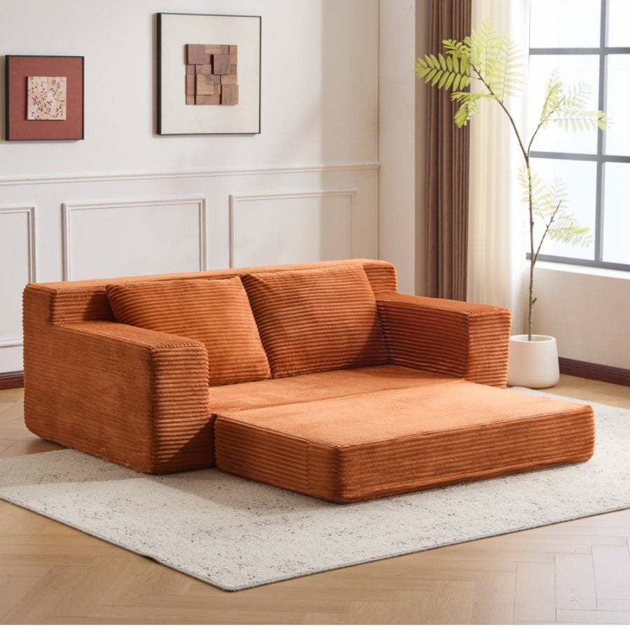 Zweisitzer-Sofa, Bequemes Sofa-Bett mit tiefer Sitzfläche, Modernes kleines Cord-Sofa für Wohnzimmer und Schlafzimmer, Umkehrbares Kissen mit Kissen, Keine Montage erforderlich, Orange