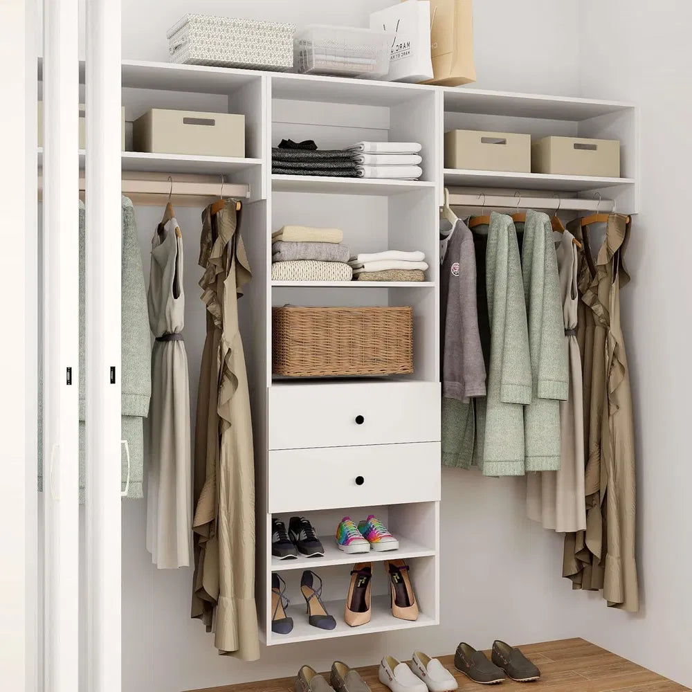 Schrankorganisationssystem, 71"H Einbauschrank-System mit Schubladen, Holz-Armoire-Garderobenschrank mit Regalen, DIY-Holzschrank-System mit wandmontierten Schrankregalen (87"B x 16"T x 71"H)