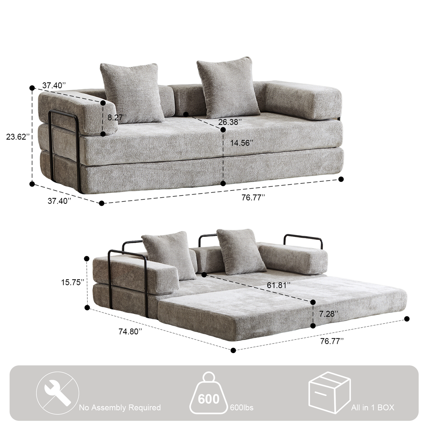 Boden-Couch, Kompressions-Sofa, Umwandelbares Boden-Sofa-Bett – mit Kissen-Rückenlehne und Armlehne, Bequeme Futon-Couch-Liege-Schlafsofa, Chenille-Stoff, für Wohnzimmer und Schlafzimmer HELLGRAU