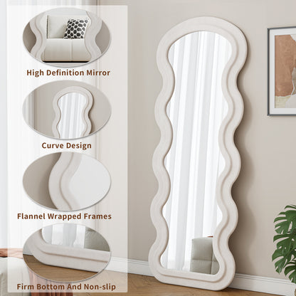 Flanell-Wandspiegel in Wellenform, volle Länge, Bodenspiegel für Schlafzimmer und Wohnzimmer, hängend oder an die Wand gelehnt, weiß
