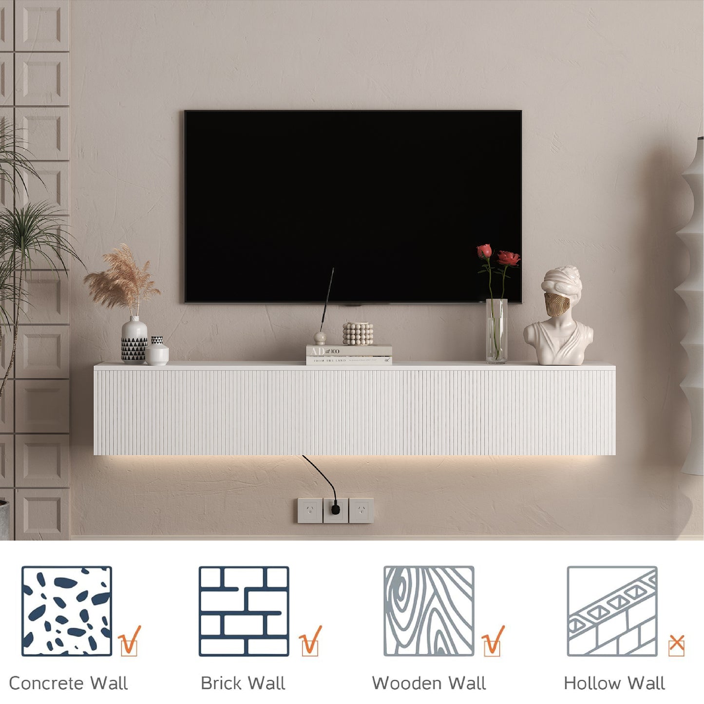 Schwebender TV-Ständer Wandmontiert mit 16-farbigen LEDs, Moderner TV-Ständer, Schwebender TV-Schrank Entertainment-Center für 55 60 65 Zoll TV