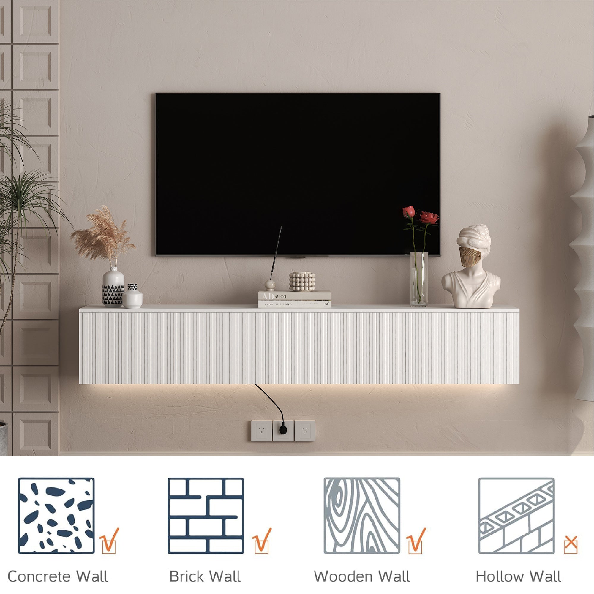 Schwebender TV-Ständer Wandmontiert mit 16-farbigen LEDs, Moderner TV-Ständer, Schwebender TV-Schrank Entertainment-Center für 55 60 65 Zoll TV