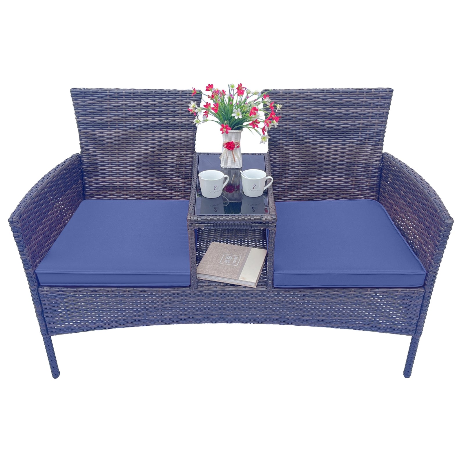 Wicker Patio-Gesprächsmöbel-Set, Outdoor-Möbel-Set mit abnehmbaren Polstern & Tisch, Temp