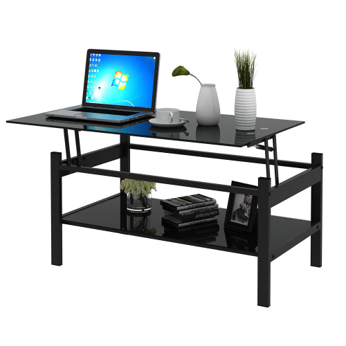 Glas-Hebetisch-Couchtisch, Modernes Einfaches 2-Lagiges Temperglas-Couchtisch für das Wohnzimmer, Schwarz