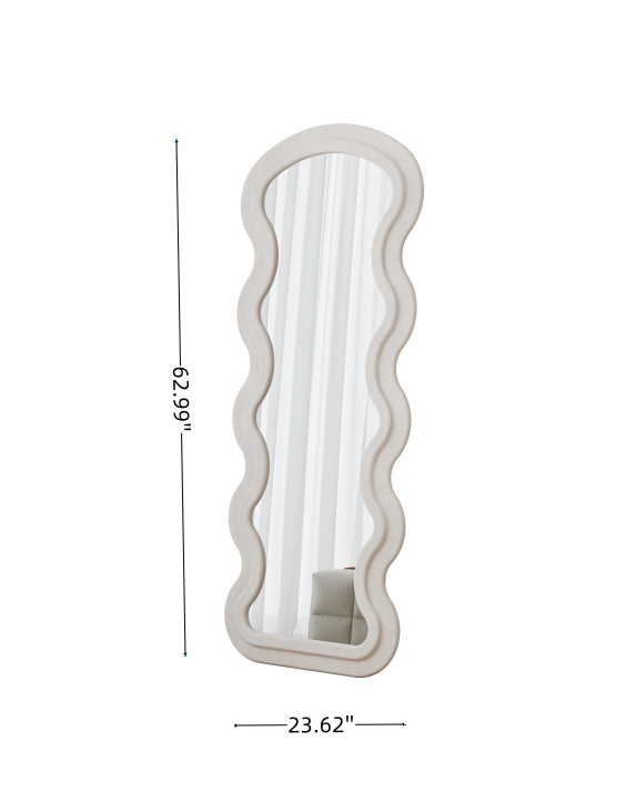 Flanell-Wandspiegel in Wellenform, volle Länge, Bodenspiegel für Schlafzimmer und Wohnzimmer, hängend oder an die Wand gelehnt, weiß