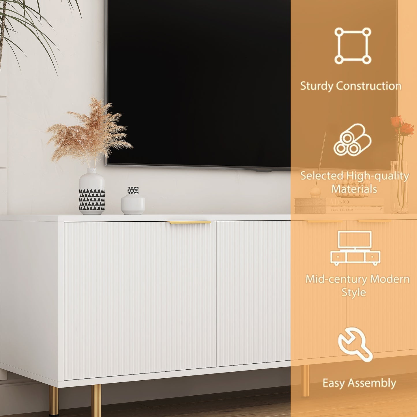 Weißes modernes TV-Ständer Fluted T, Entertainment-Center mit Stauraumtüren, TV-Konsole Medienschrank, für 55-Zoll-TV, Wohnzimmer