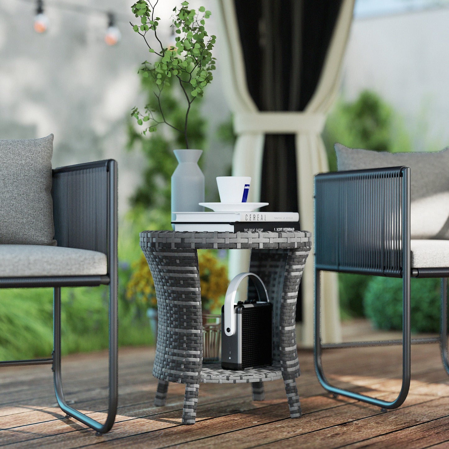 18 Wicker Outdoor Coffee Table, PE Rattan Patio Side Table With 2-Tier Storage, Composite Wood Top, Gray